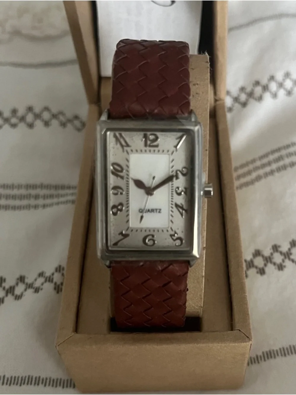 J. Jill:  Silver-Tone Rectangular Watch with Brown Braided Strap